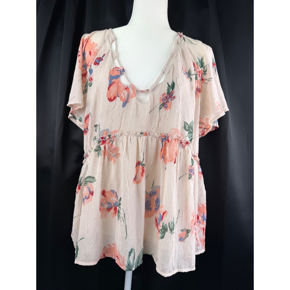 Lucky Brand Floral Babydoll Top Cutout V-Neck Peplum Blouse Cream Coral Large